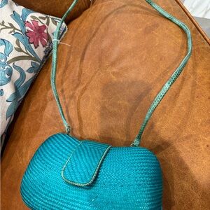 1970s Elegant Teal Woven Shoulder Bag
